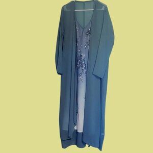 Two-Piece Womens Evening Dress & Sheer Long Overlay Duster V-Neck Embroidered Fl